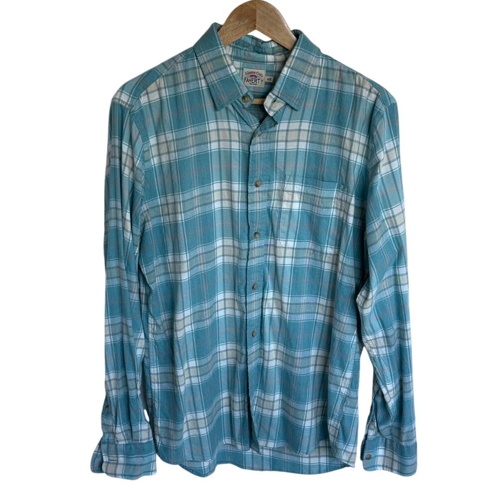 Faherty Legend Plaid Shirt Men's Medium Blue Teal Button Up